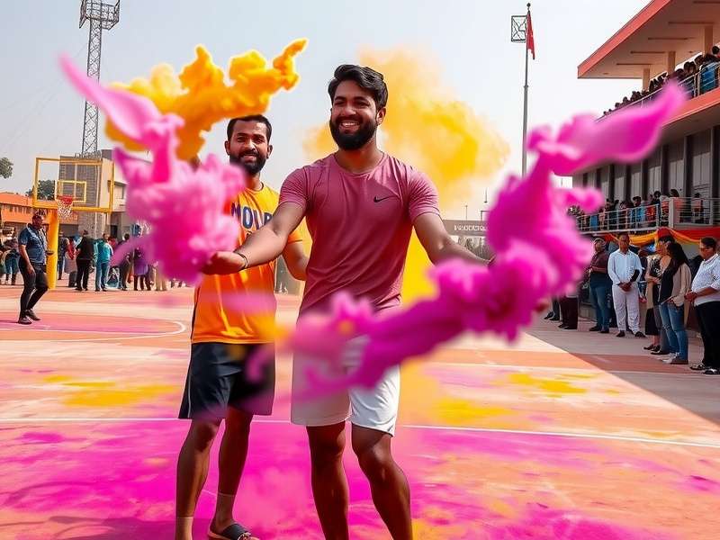 Indian Dunk Kings Holi event with colorful court and players throwing color powder